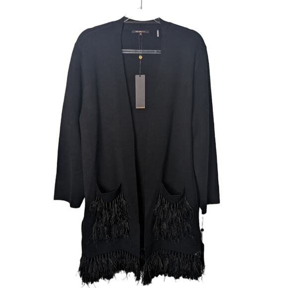 Kobi Halperin Irene Black Long Line Sweater with Ostrich Feather Trim XL New - Picture 2 of 14